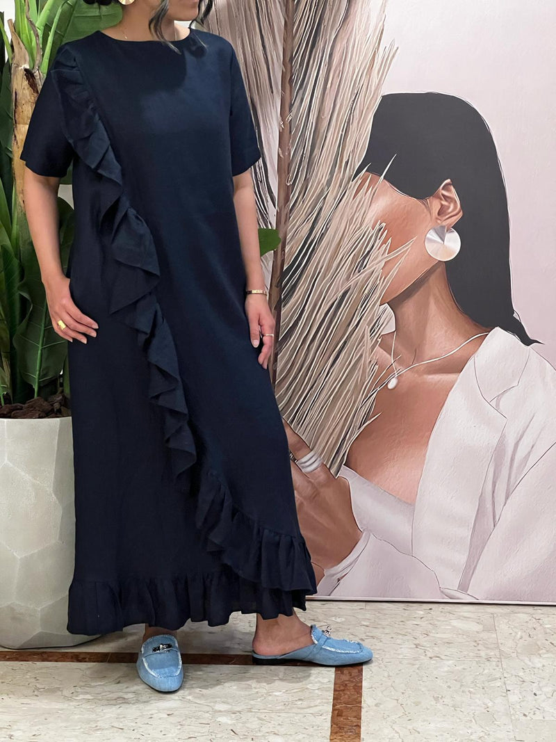 Navy ruffled Linen dress