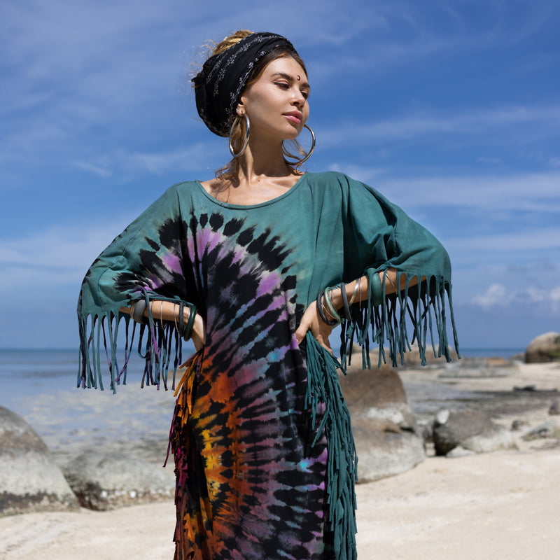 Green fringes Tie Dye dress