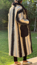 Striped wool long jacket w/ black collar