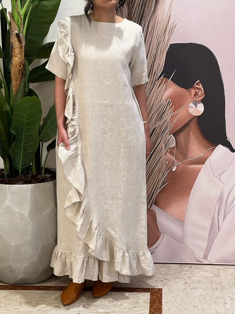 Beige ruffled Linen dress