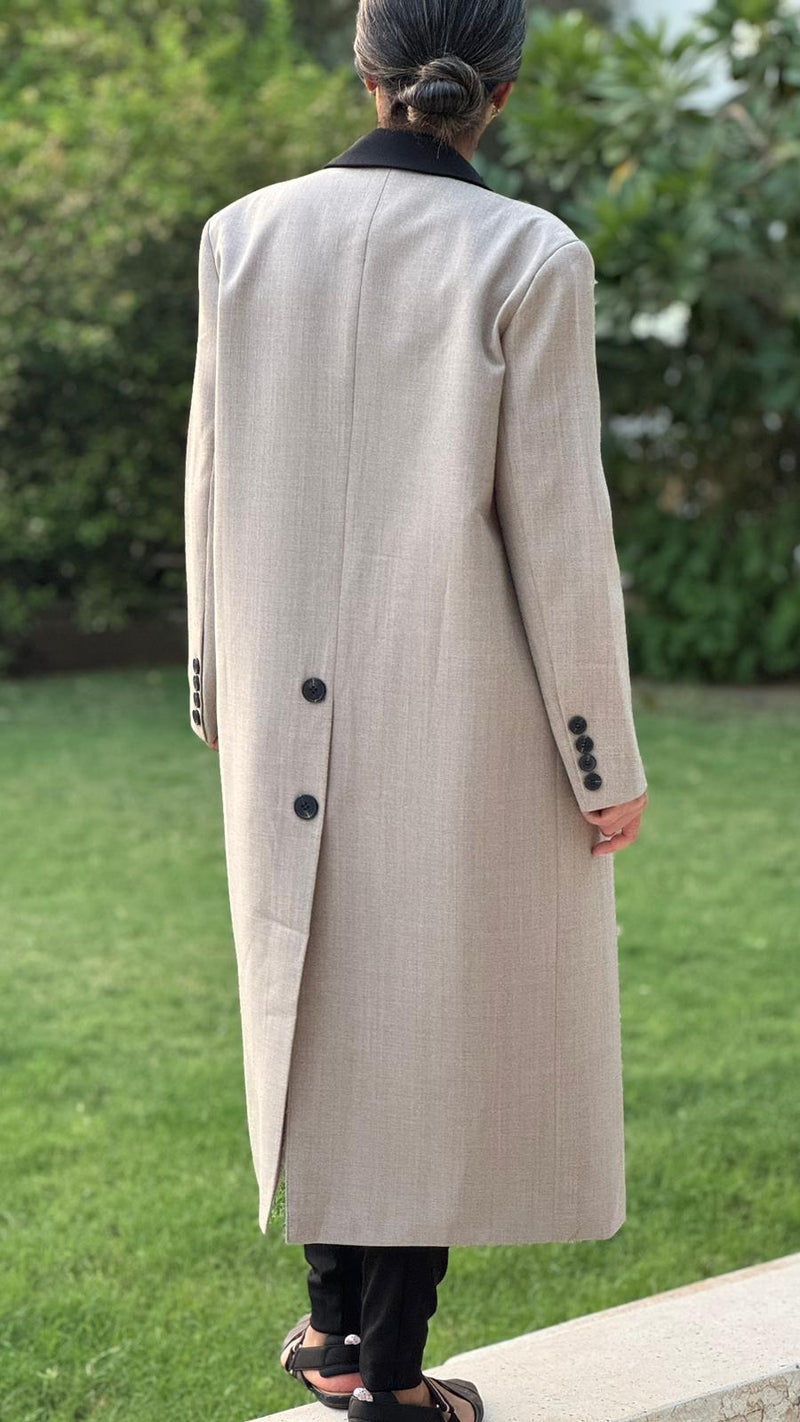 Beige long blazer with black stitching