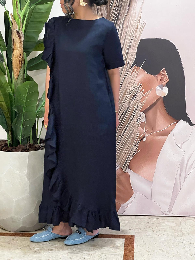 Navy ruffled Linen dress