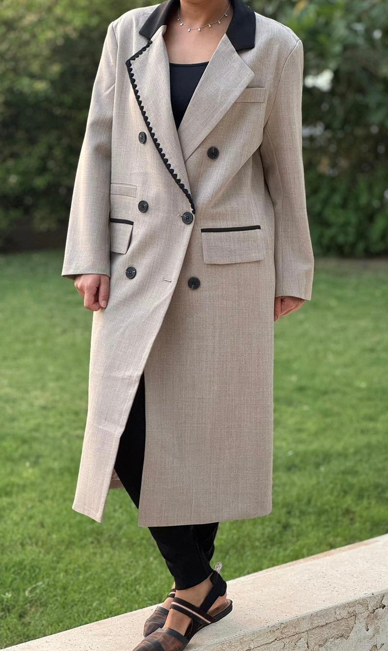 Beige long blazer with black stitching