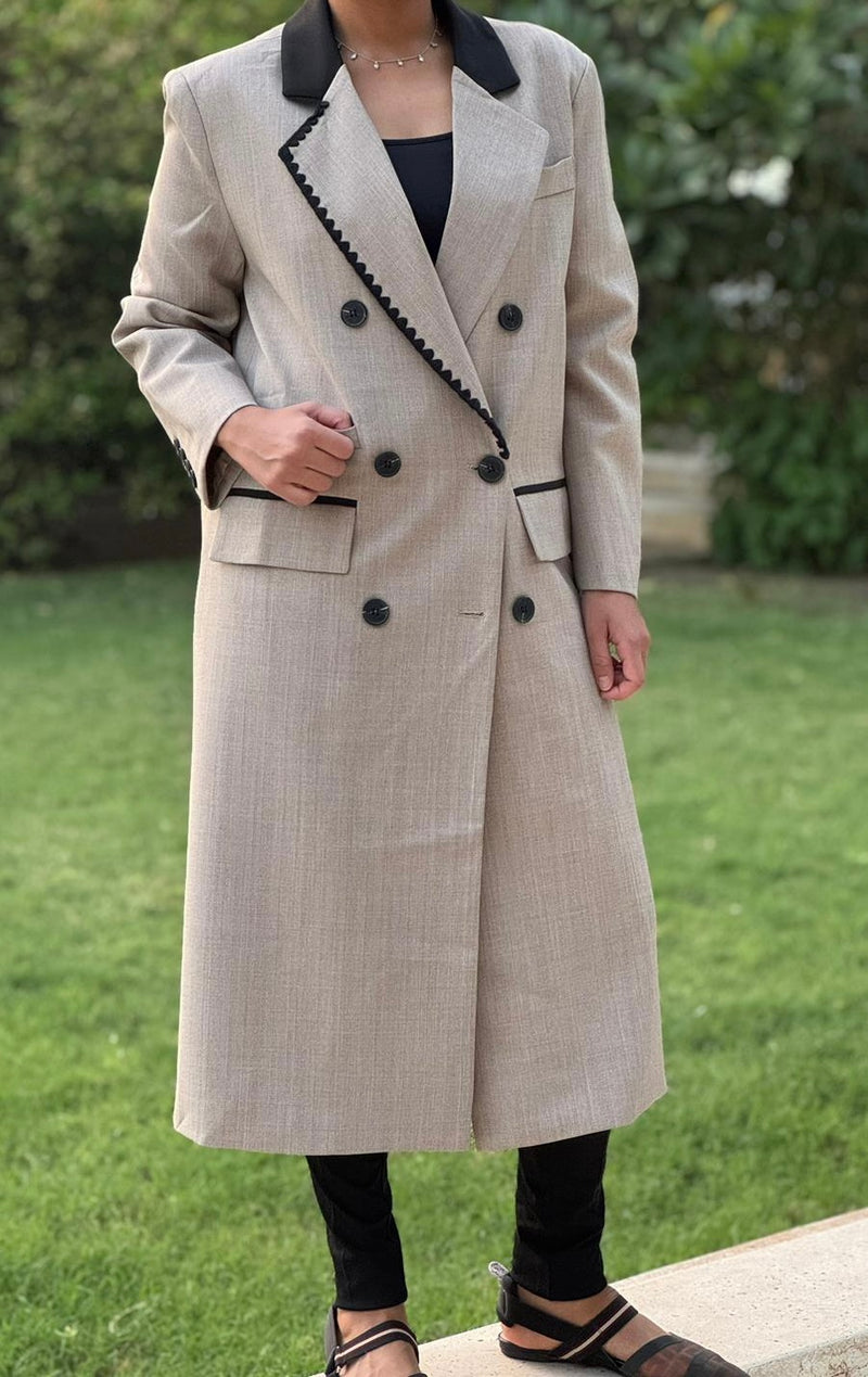 Beige long blazer with black stitching
