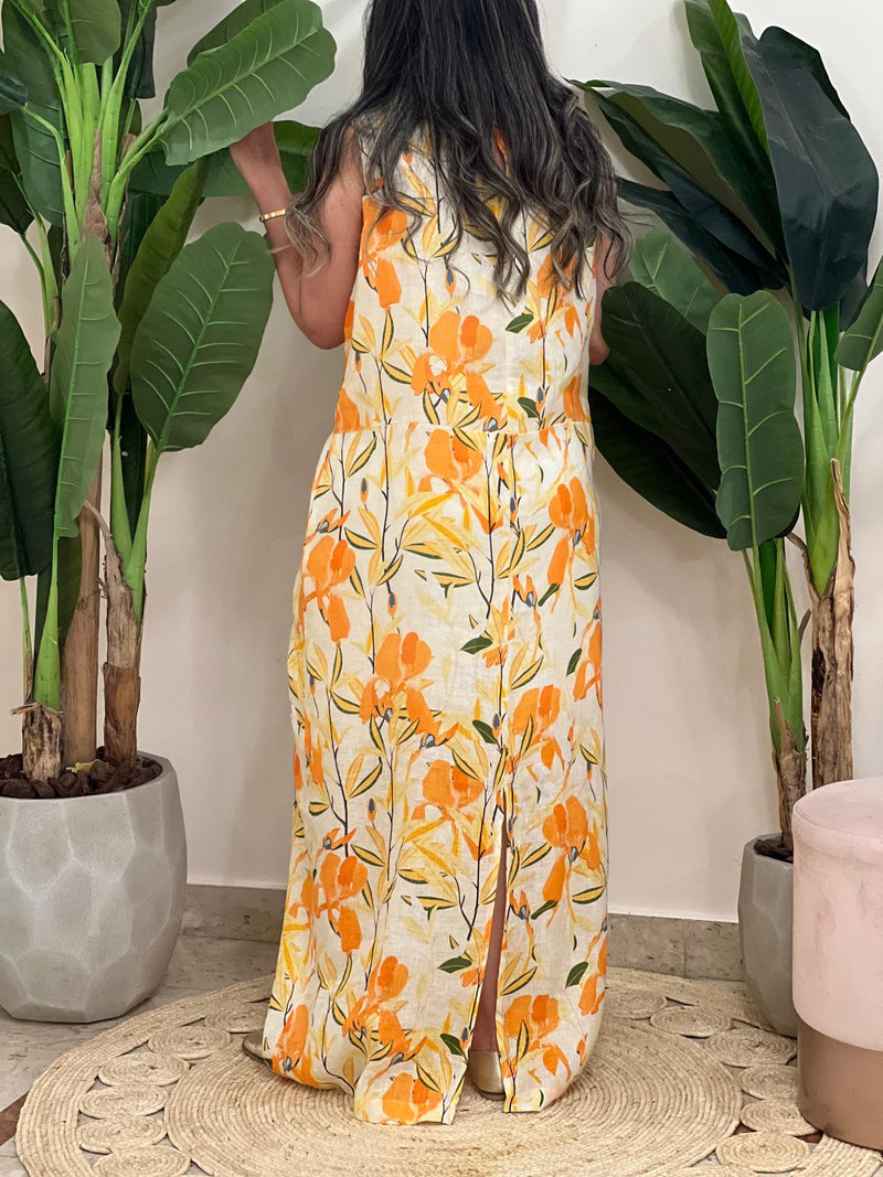 sleeveless Linen patterned dress (available in colours)
