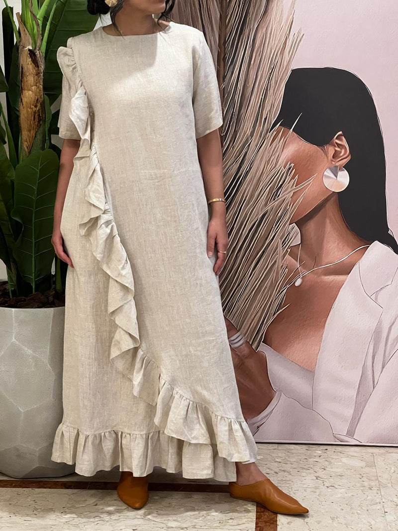 Beige ruffled Linen dress