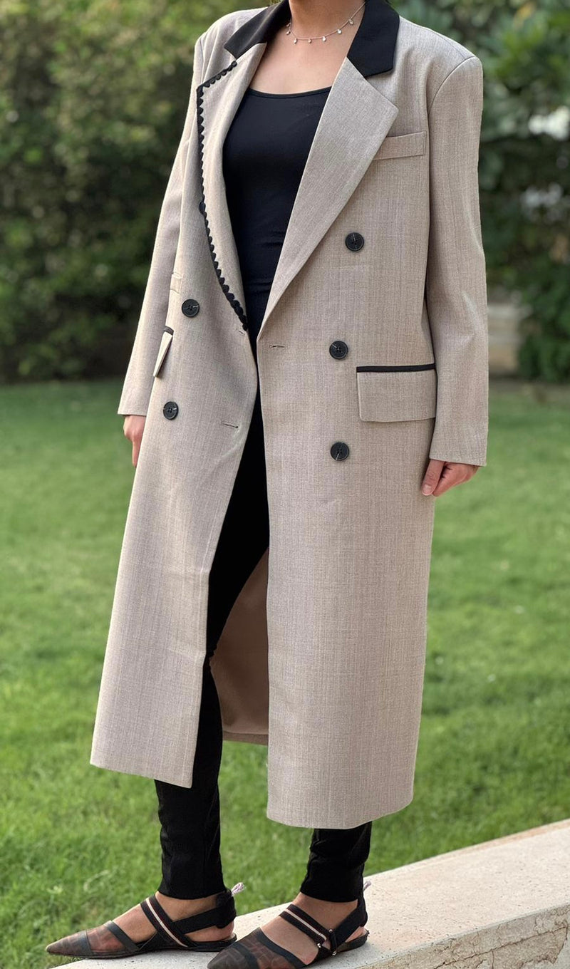Beige long blazer with black stitching