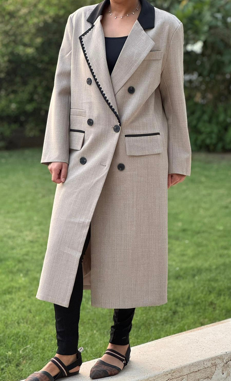 Beige long blazer with black stitching