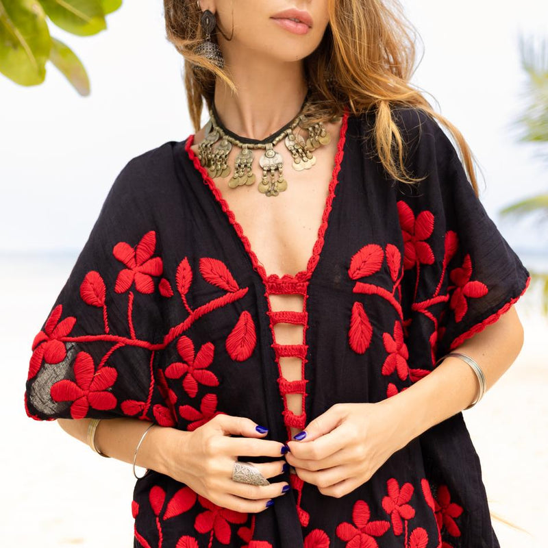 Red embroidery Black dress