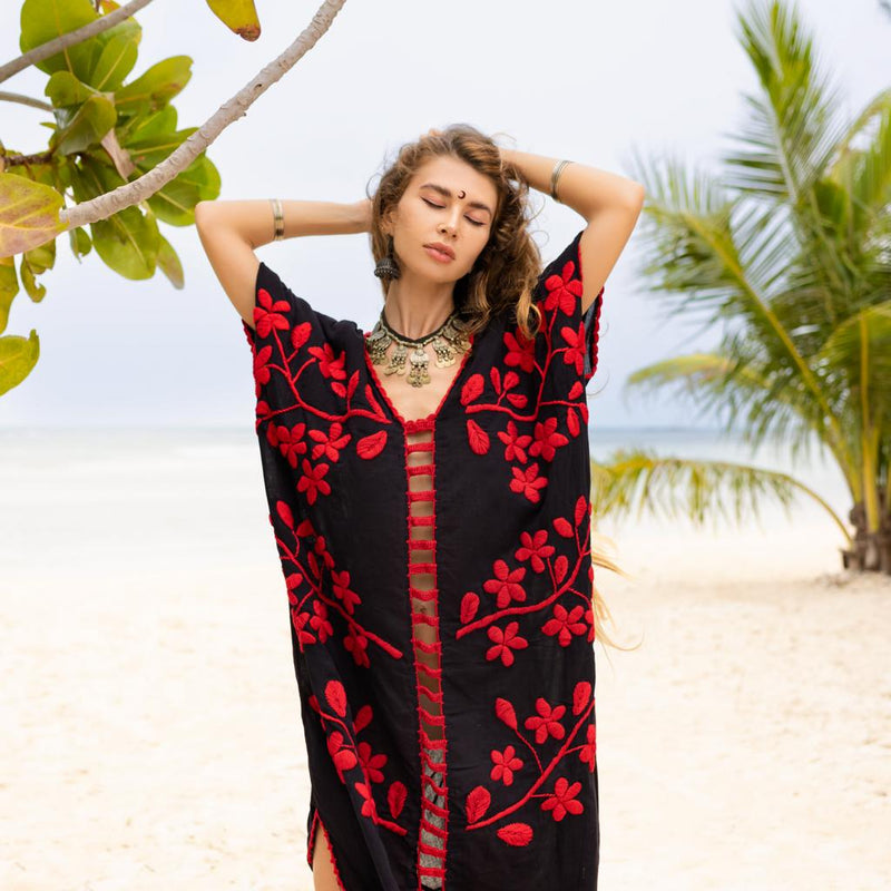 Red embroidery Black dress