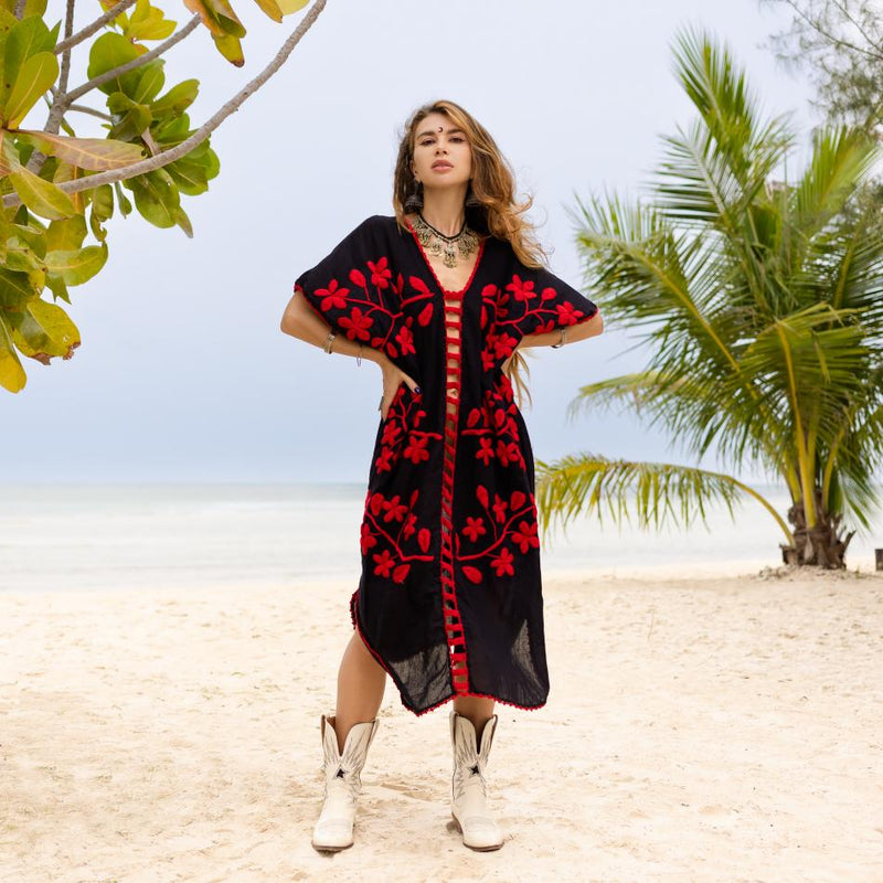 Red embroidery Black dress