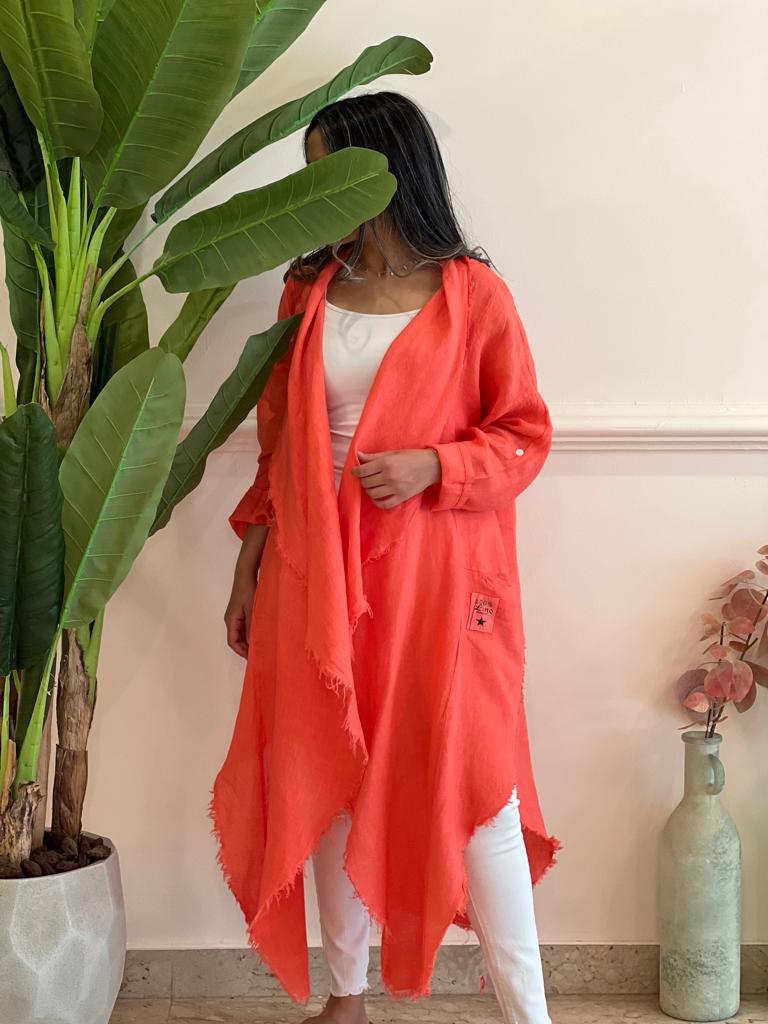 Asymmetric Coral linen cardigan