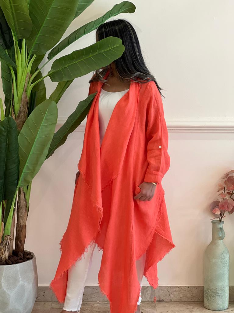 Asymmetric Coral linen cardigan