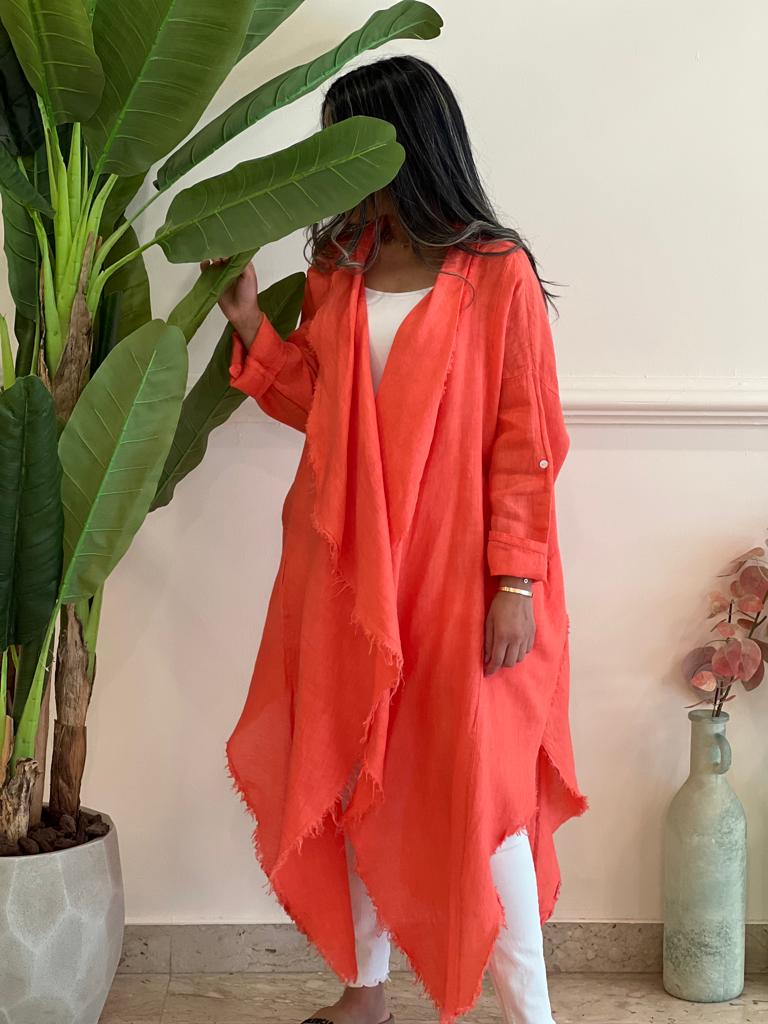 Asymmetric Coral linen cardigan