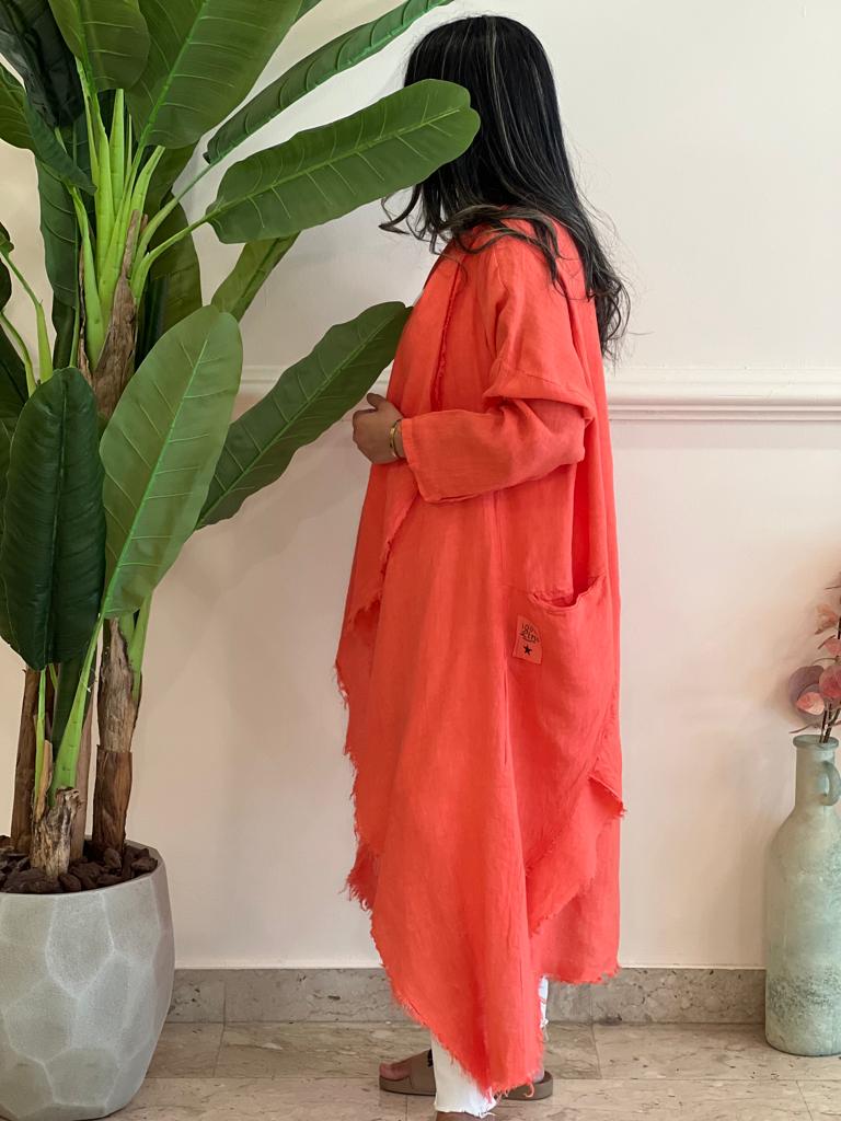 Asymmetric Coral linen cardigan