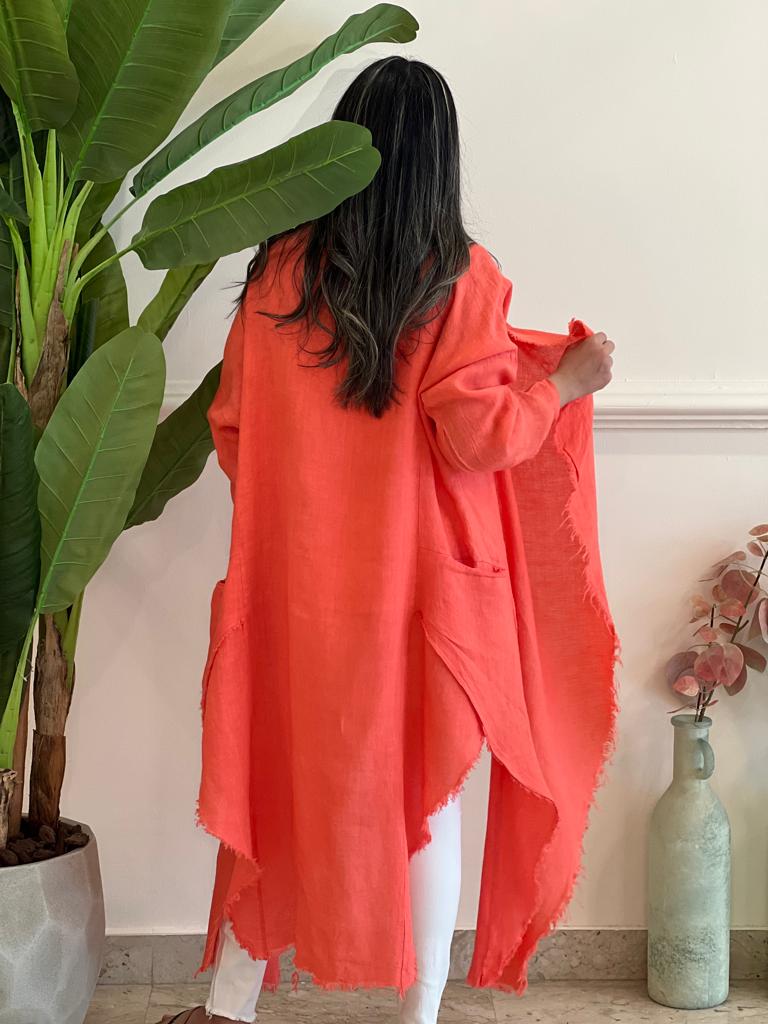 Asymmetric Coral linen cardigan