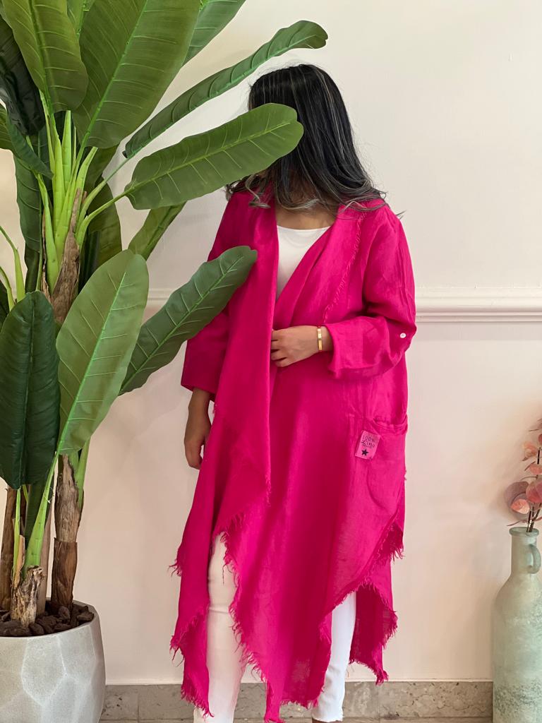 Asymmetric Fuchsia linen cardigan