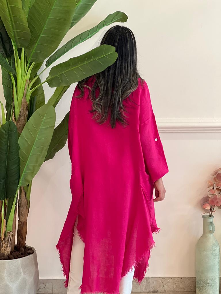 Asymmetric Fuchsia linen cardigan