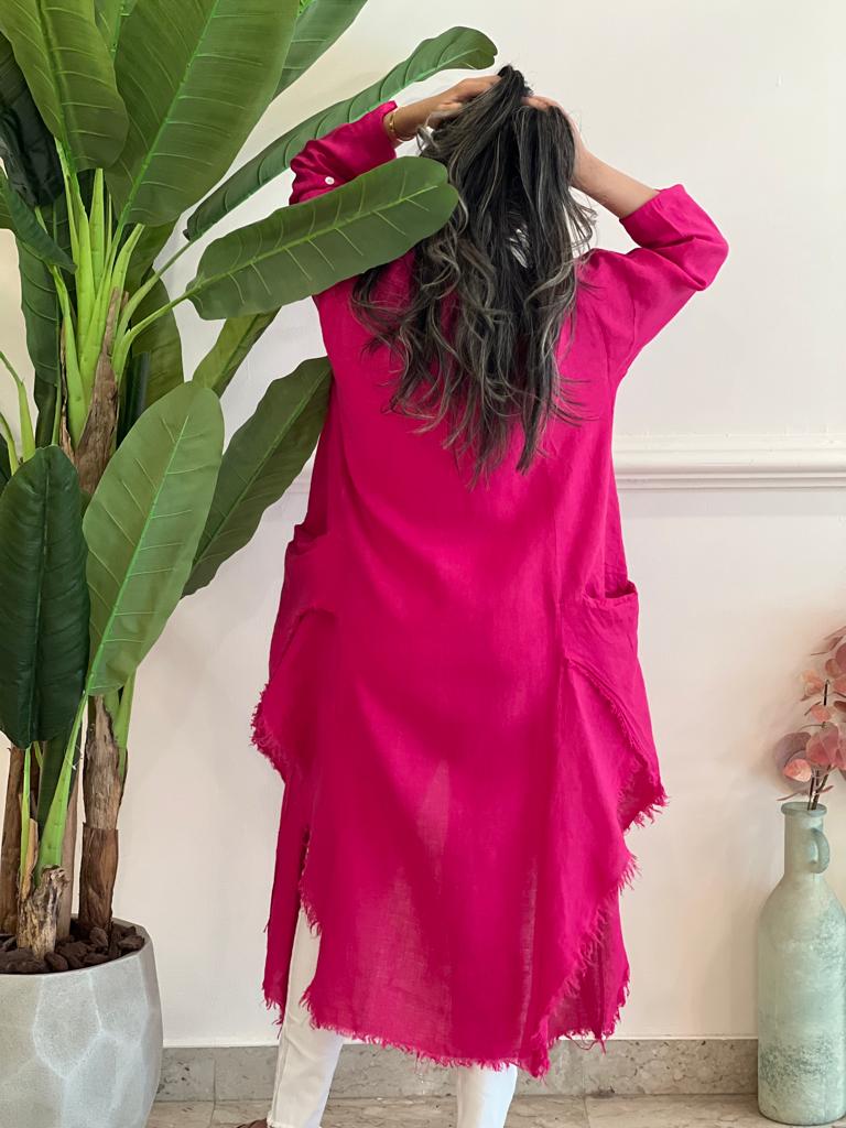 Asymmetric Fuchsia linen cardigan