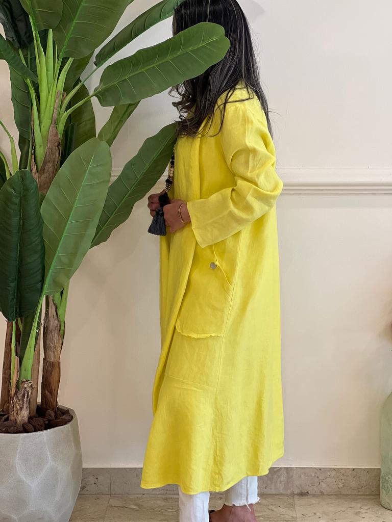 Yellow linen cardigan with pockets