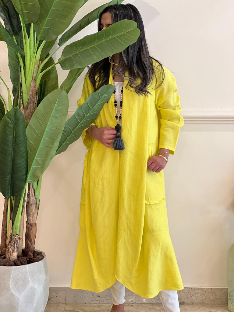 Yellow linen cardigan with pockets