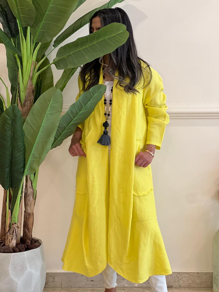 Yellow linen cardigan with pockets