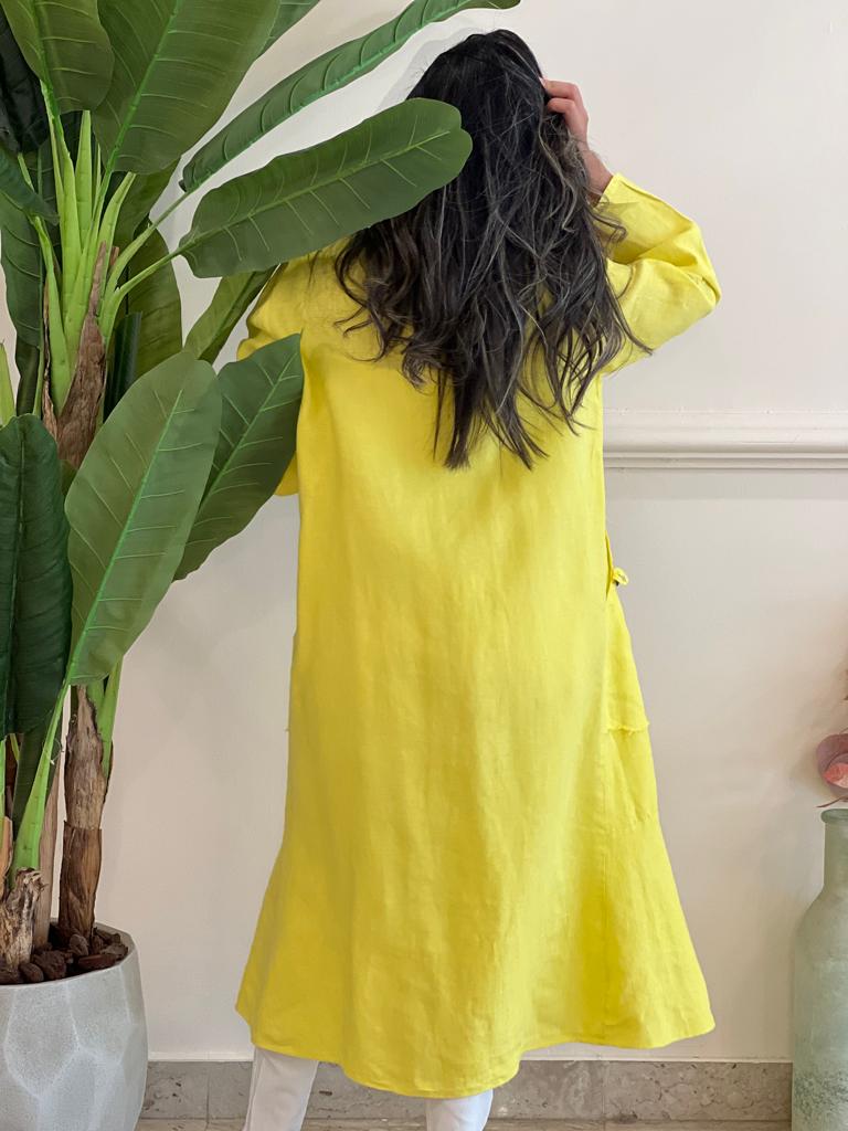 Yellow linen cardigan with pockets