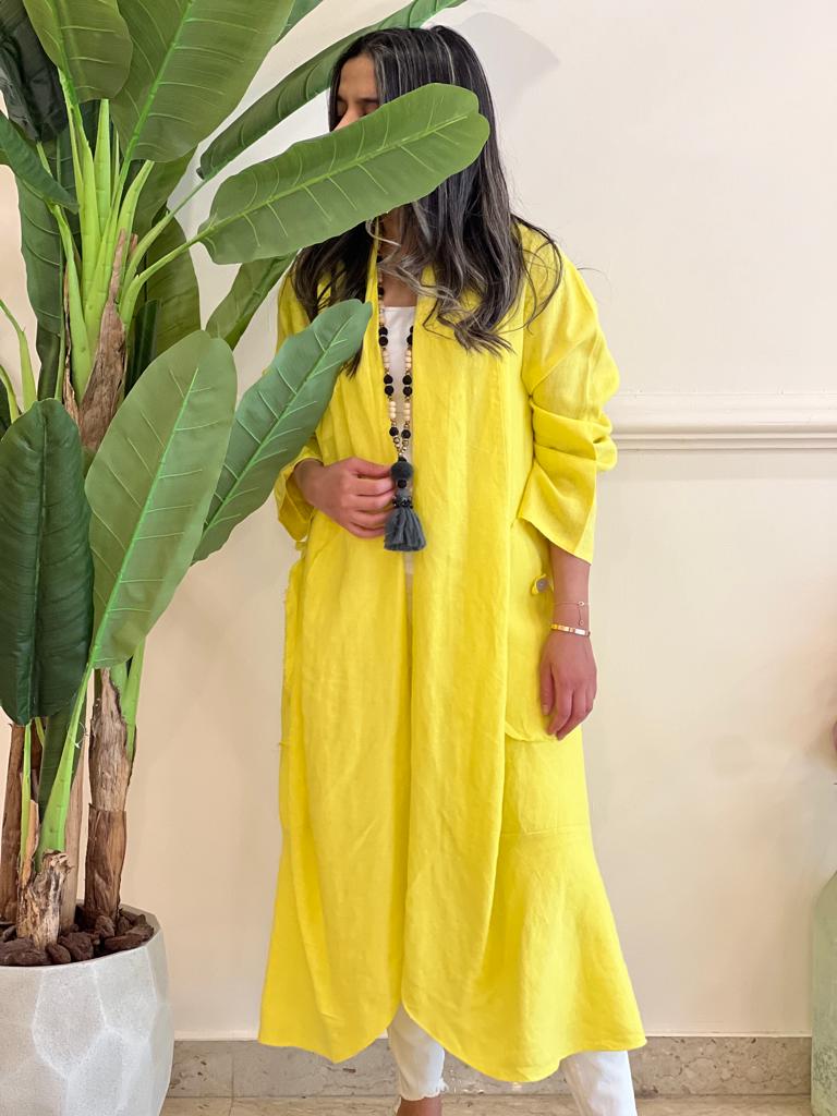 Yellow linen cardigan with pockets