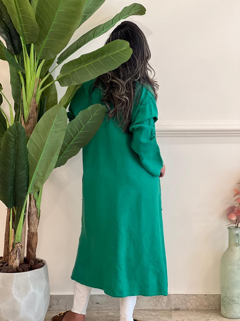 Green linen cardigan with pockets