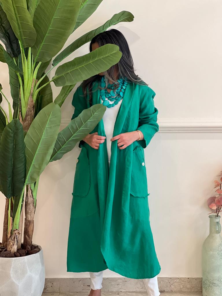 Green linen cardigan with pockets