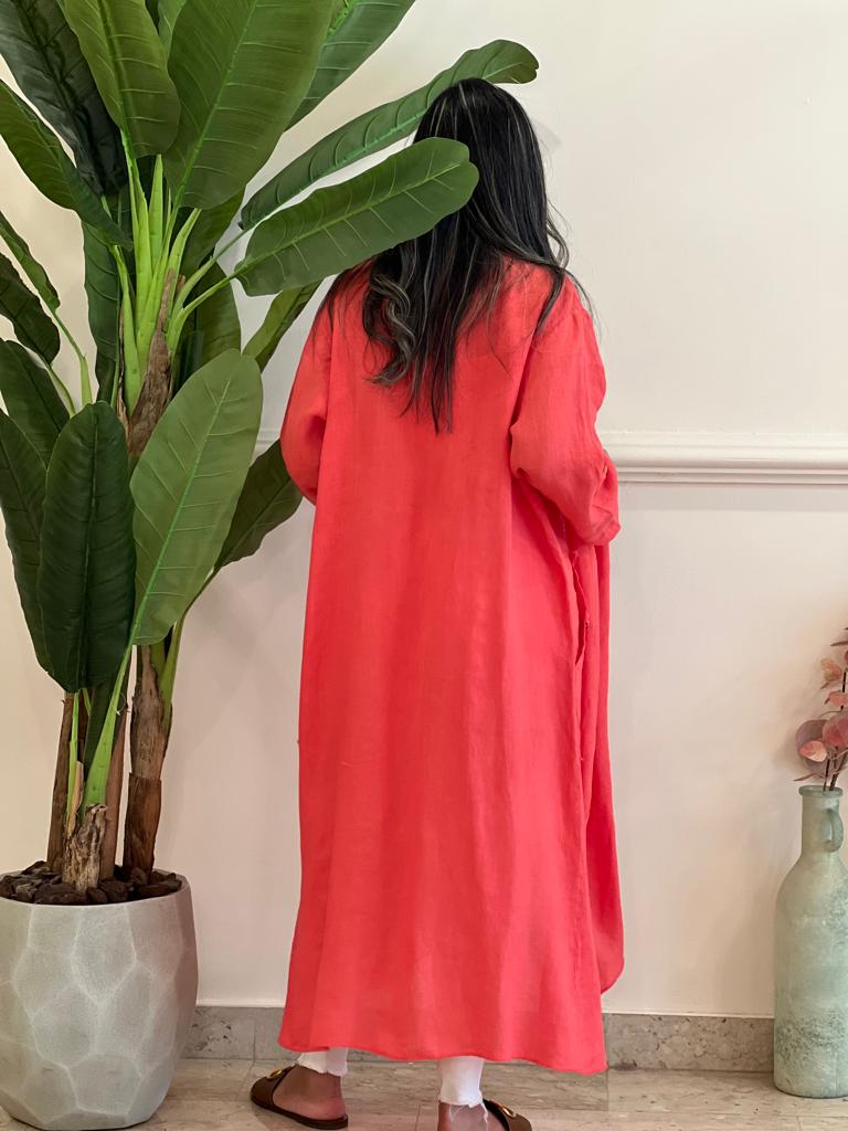 Coral linen cardigan with pockets