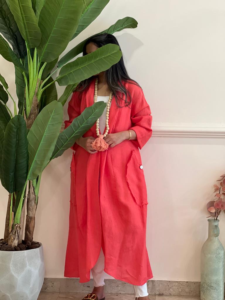 Coral linen cardigan with pockets