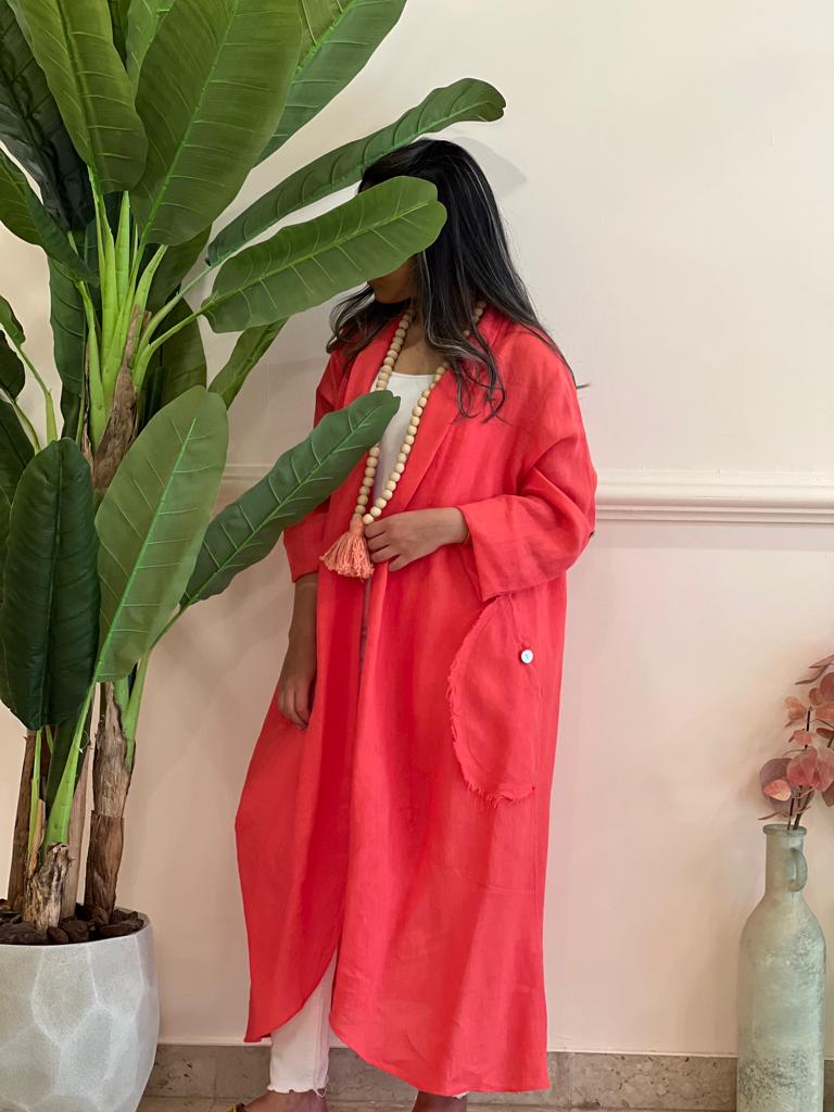 Coral linen cardigan with pockets