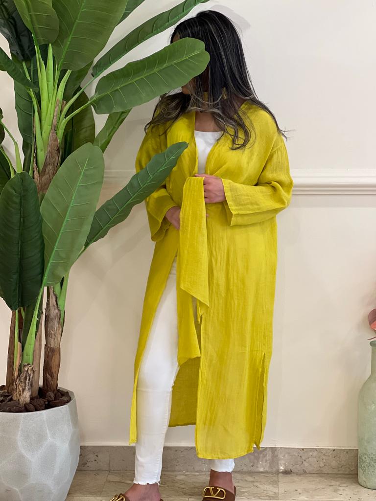 Yellow  belted linen cardigan