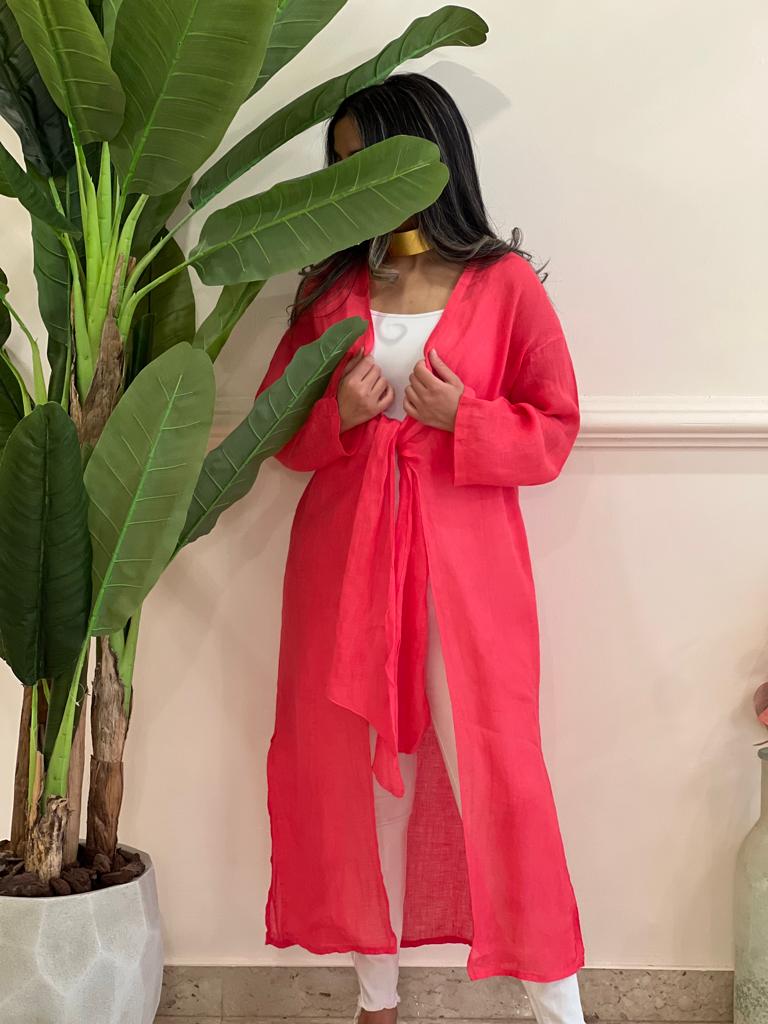 Coral belted linen cardigan