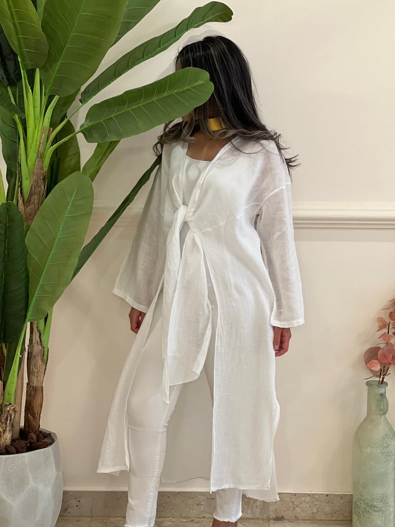 White belted linen cardigan