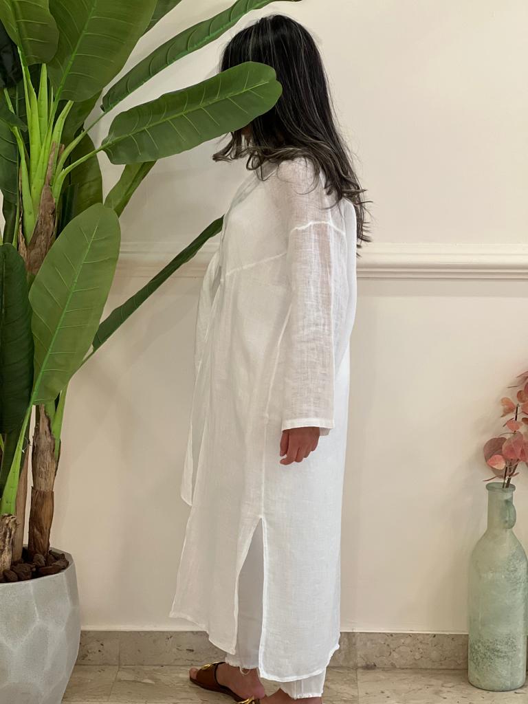 White belted linen cardigan