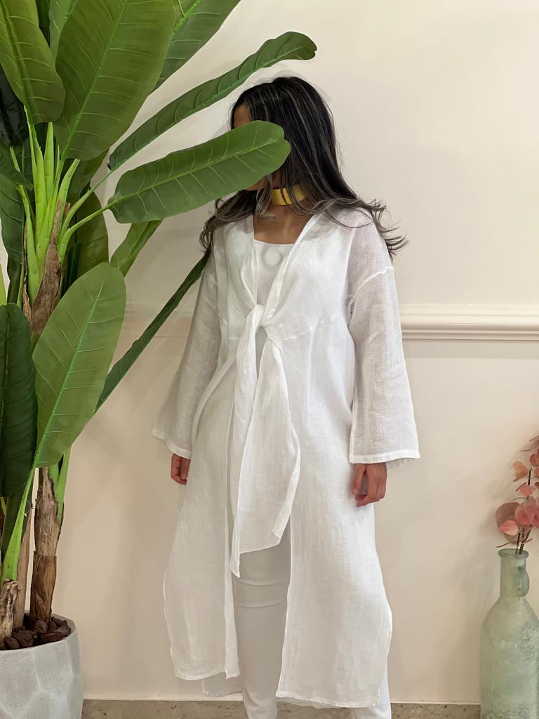 White belted linen cardigan