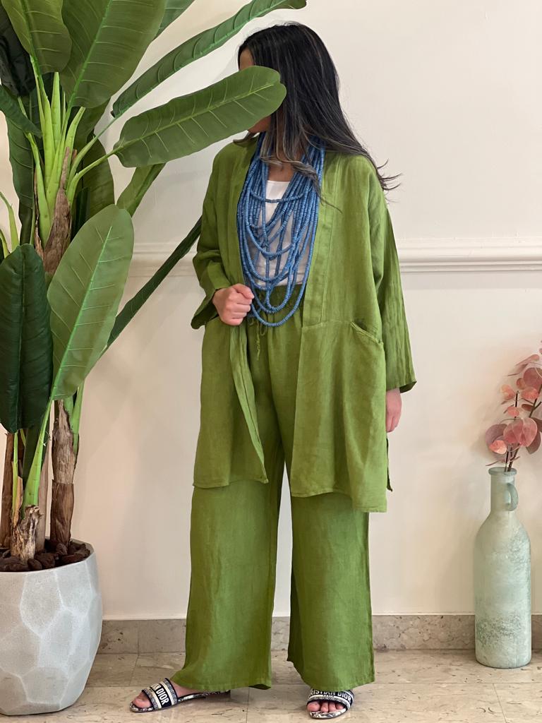 Green linen open set