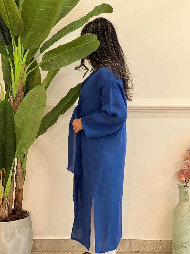 Blue belted linen cardigan
