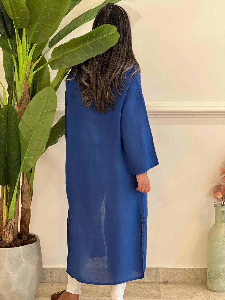 Blue belted linen cardigan