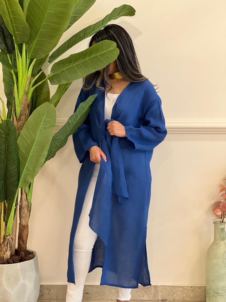 Blue belted linen cardigan