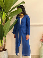 Blue belted linen cardigan