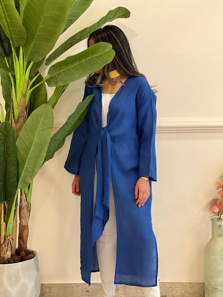 Blue belted linen cardigan