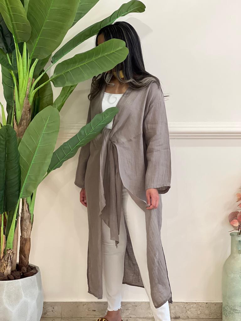 Beige belted linen cardigan