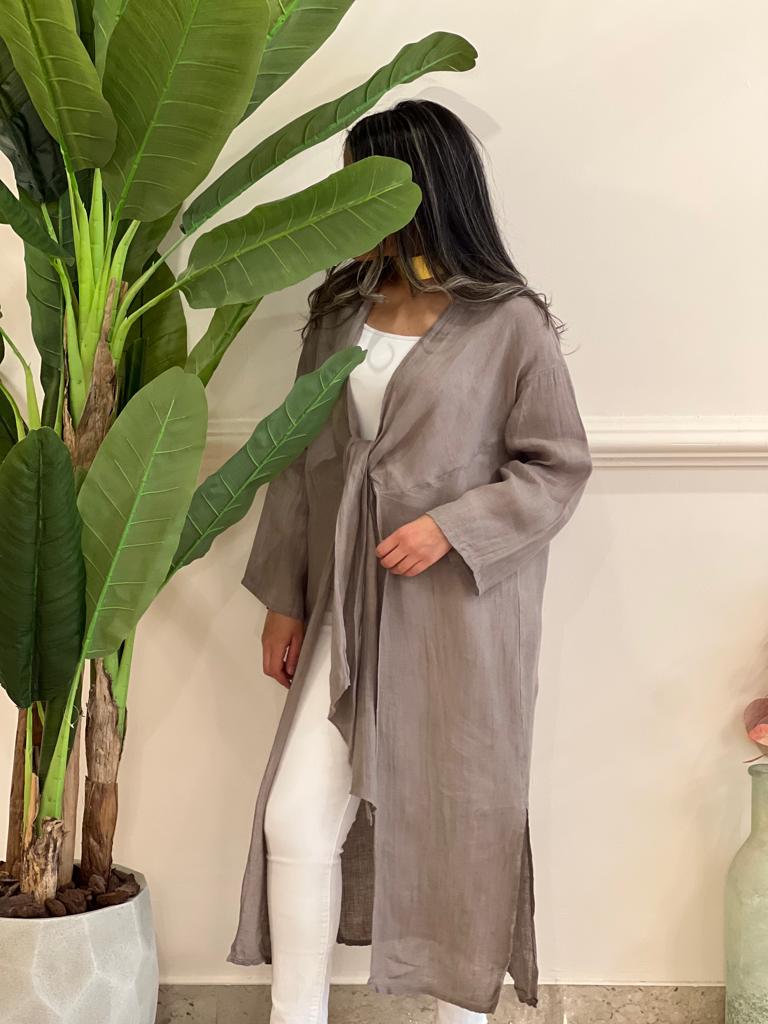 Beige belted linen cardigan