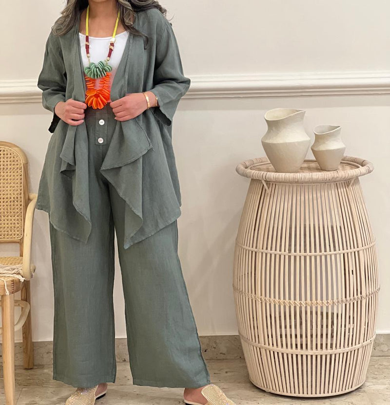 Cardigan linen top with pants (Available in colours)