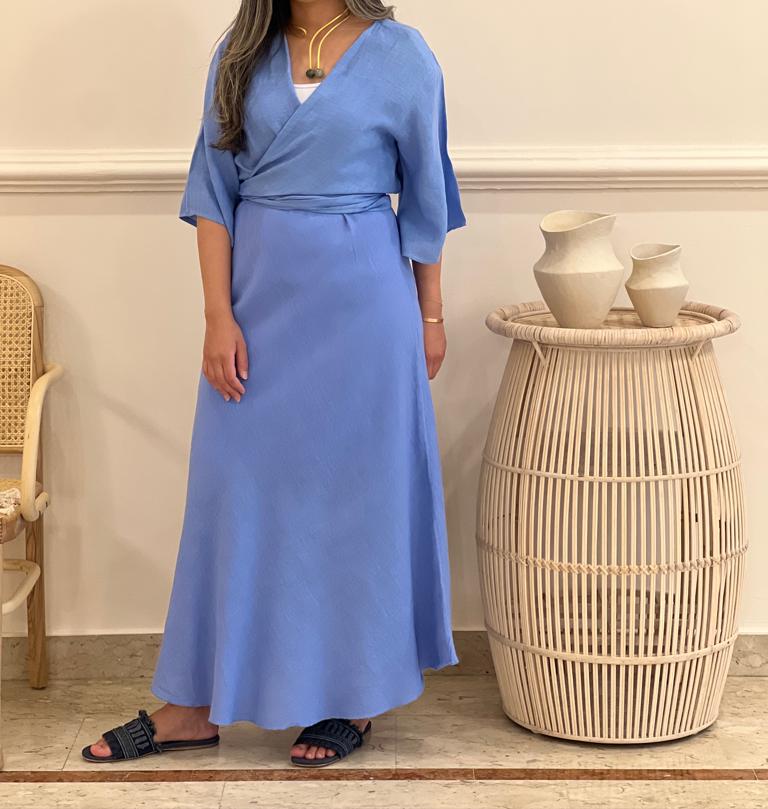 Linen wrap top with sleeveless dress (available in colours)