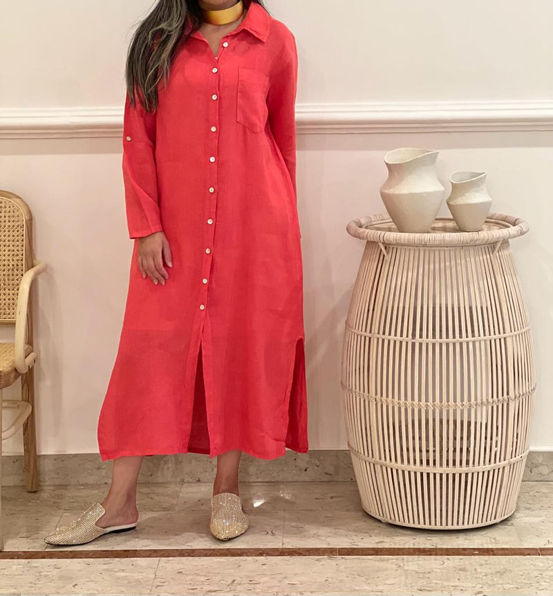 One pocket Linen midi shirt dress (available in colours)