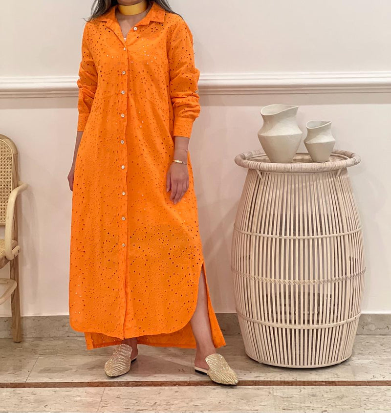 Cotton perforated shirt dress (available in colours)
